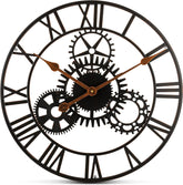 Time Whisperer: Extra Large Wall Clock 20 Inch Decorative Wrought Iron, Silent Quartz Industrial Gears Black Rustic Metal Roman Numeral European Steampunk Cog Vintage Distressed Details, Battery