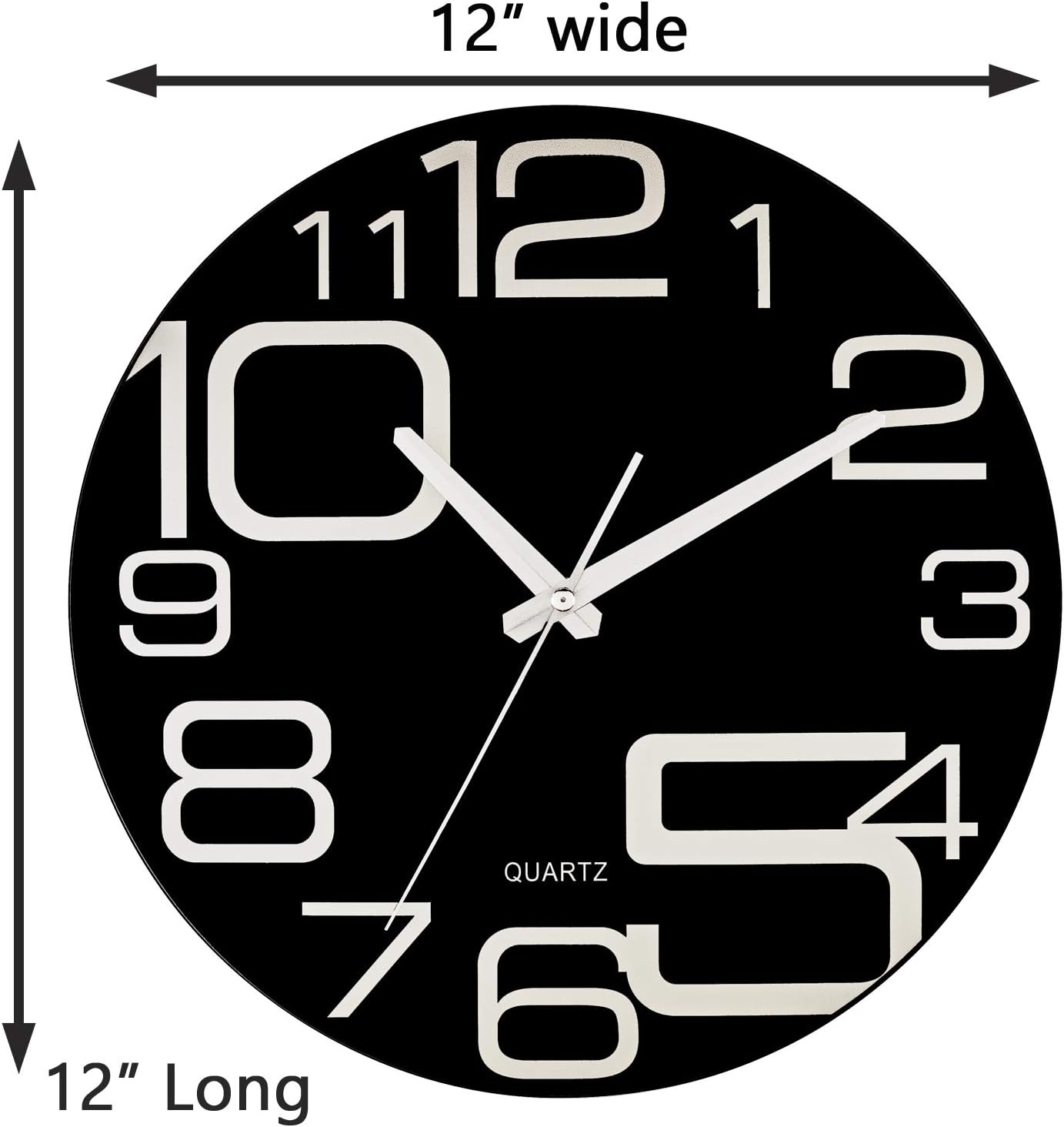 Time Whisperer:  Large Decorative Black Glass Wall Clock 12 Inch Silent Non Ticking Quality Quartz Battery Operated Round Unique Modern Design for Home/Kitchen/Living Room/Bedroom/Office (Jet Black)