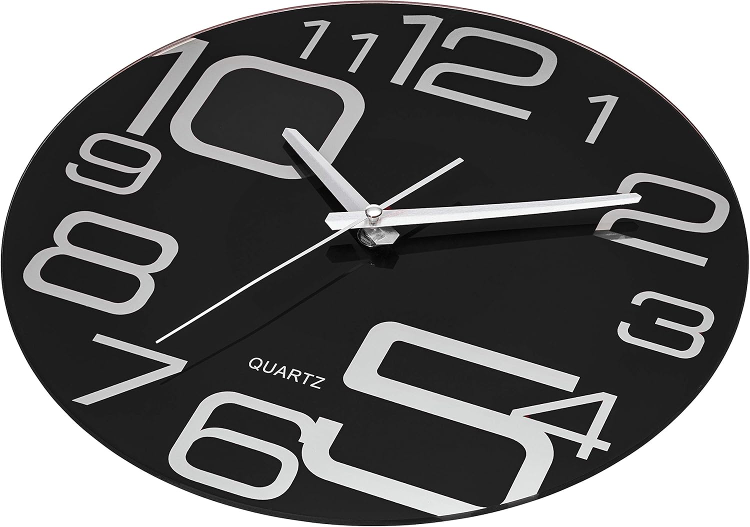 Time Whisperer:  Large Decorative Black Glass Wall Clock 12 Inch Silent Non Ticking Quality Quartz Battery Operated Round Unique Modern Design for Home/Kitchen/Living Room/Bedroom/Office (Jet Black)