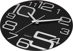 Time Whisperer:  Large Decorative Black Glass Wall Clock 12 Inch Silent Non Ticking Quality Quartz Battery Operated Round Unique Modern Design for Home/Kitchen/Living Room/Bedroom/Office (Jet Black)