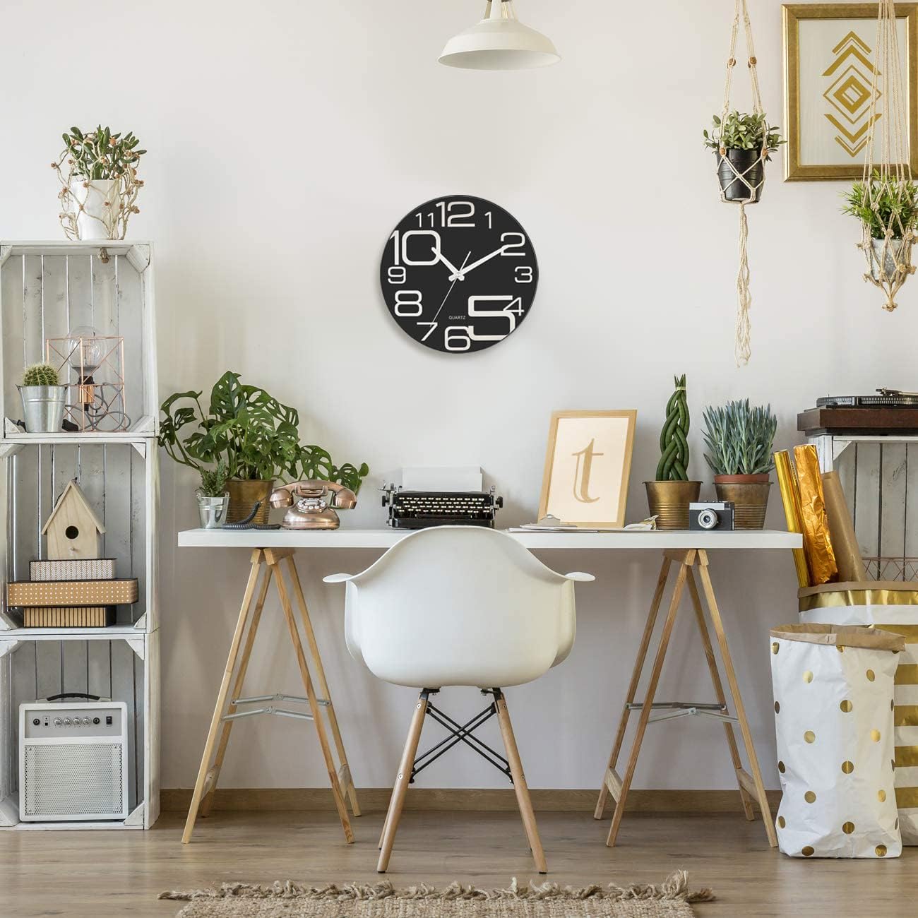 Time Whisperer:  Large Decorative Black Glass Wall Clock 12 Inch Silent Non Ticking Quality Quartz Battery Operated Round Unique Modern Design for Home/Kitchen/Living Room/Bedroom/Office (Jet Black)