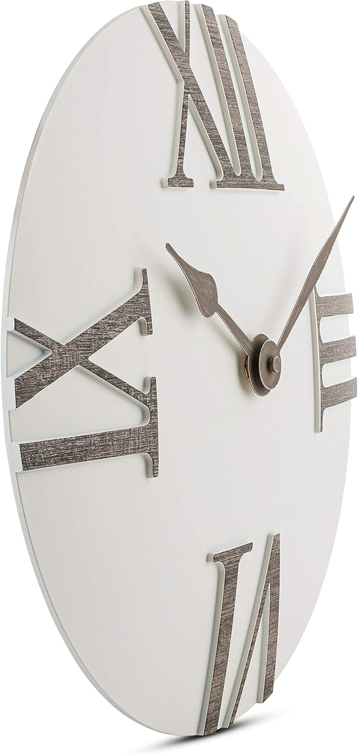 Time Whisperer:  Wall Clock Silent Non-Ticking 12 Inch Modern White and Grey Unique Convex, Quality Quartz Battery Operated Roman Numeral for Home Living/Dining Room, Office Kitchen Bedroom Clocks