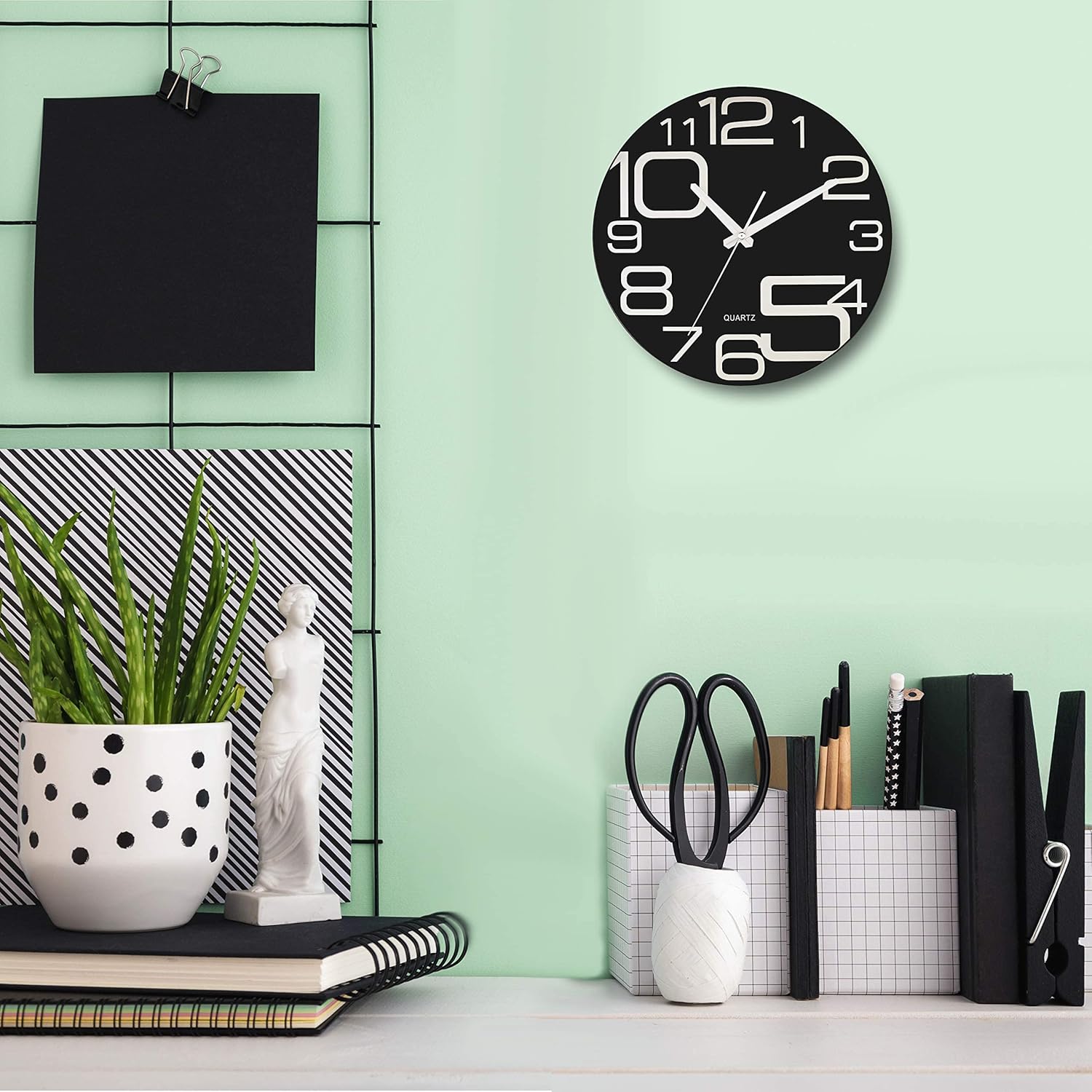 Time Whisperer:  Large Decorative Black Glass Wall Clock 12 Inch Silent Non Ticking Quality Quartz Battery Operated Round Unique Modern Design for Home/Kitchen/Living Room/Bedroom/Office (Jet Black)