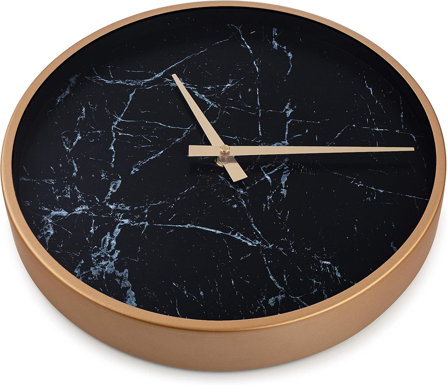 Time Whisperer:  Modern Wall Clock 13 Inch Noiseless Silent Non Ticking Decorative Stylish Black Marble Look and Metal Rose Gold Frame for Home Kitchen Office Living Room Bedroom