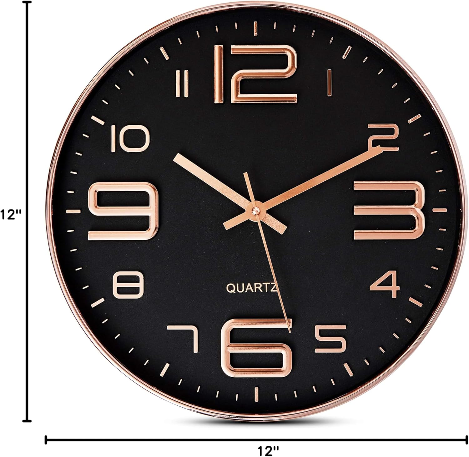 Time Whisperer:  Black Wall Clock - 12 Inch Rose Gold Silent Non Ticking Quality Quartz Battery Operated Easy to Read Decorative Modern Design for Home/Office/Kitchen/Bedroom/Living Room