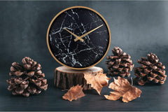 Time Whisperer:  Modern Wall Clock 13 Inch Noiseless Silent Non Ticking Decorative Stylish Black Marble Look and Metal Rose Gold Frame for Home Kitchen Office Living Room Bedroom
