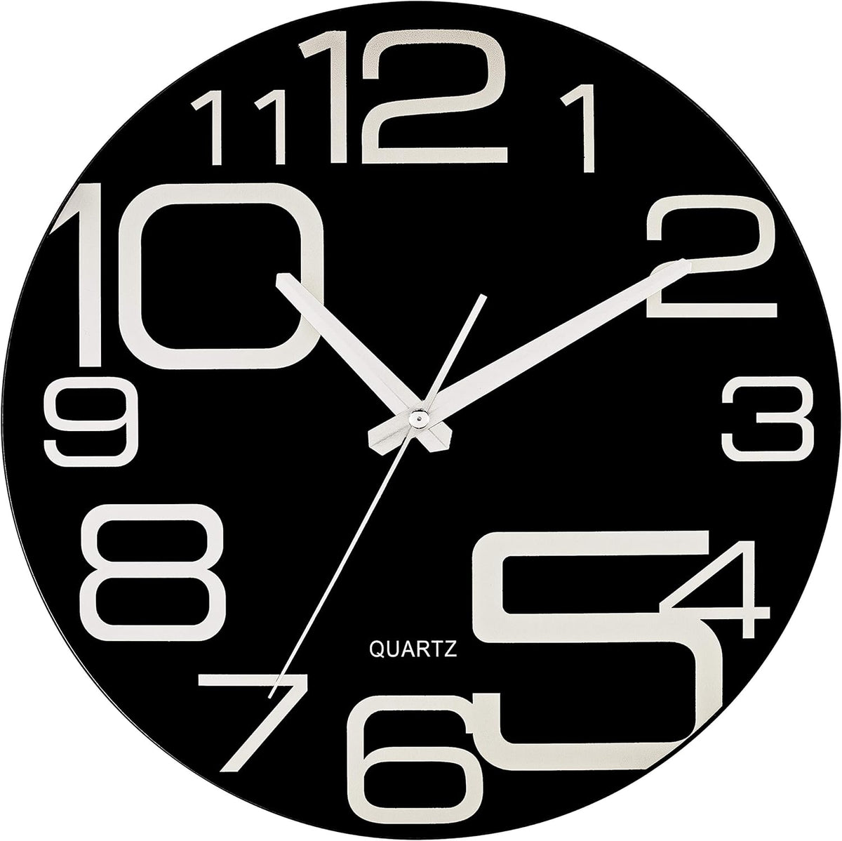 Time Whisperer:  Large Decorative Black Glass Wall Clock 12 Inch Silent Non Ticking Quality Quartz Battery Operated Round Unique Modern Design for Home/Kitchen/Living Room/Bedroom/Office (Jet Black)