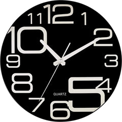Time Whisperer:  Large Decorative Black Glass Wall Clock 12 Inch Silent Non Ticking Quality Quartz Battery Operated Round Unique Modern Design for Home/Kitchen/Living Room/Bedroom/Office (Jet Black)