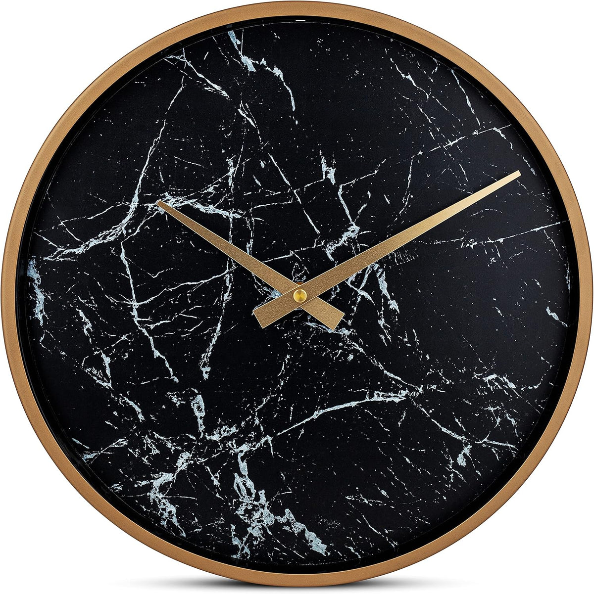 Time Whisperer:  Modern Wall Clock 13 Inch Noiseless Silent Non Ticking Decorative Stylish Black Marble Look and Metal Rose Gold Frame for Home Kitchen Office Living Room Bedroom