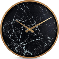 Time Whisperer:  Modern Wall Clock 13 Inch Noiseless Silent Non Ticking Decorative Stylish Black Marble Look and Metal Rose Gold Frame for Home Kitchen Office Living Room Bedroom