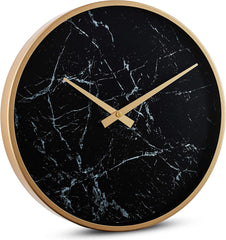 Time Whisperer:  Modern Wall Clock 13 Inch Noiseless Silent Non Ticking Decorative Stylish Black Marble Look and Metal Rose Gold Frame for Home Kitchen Office Living Room Bedroom